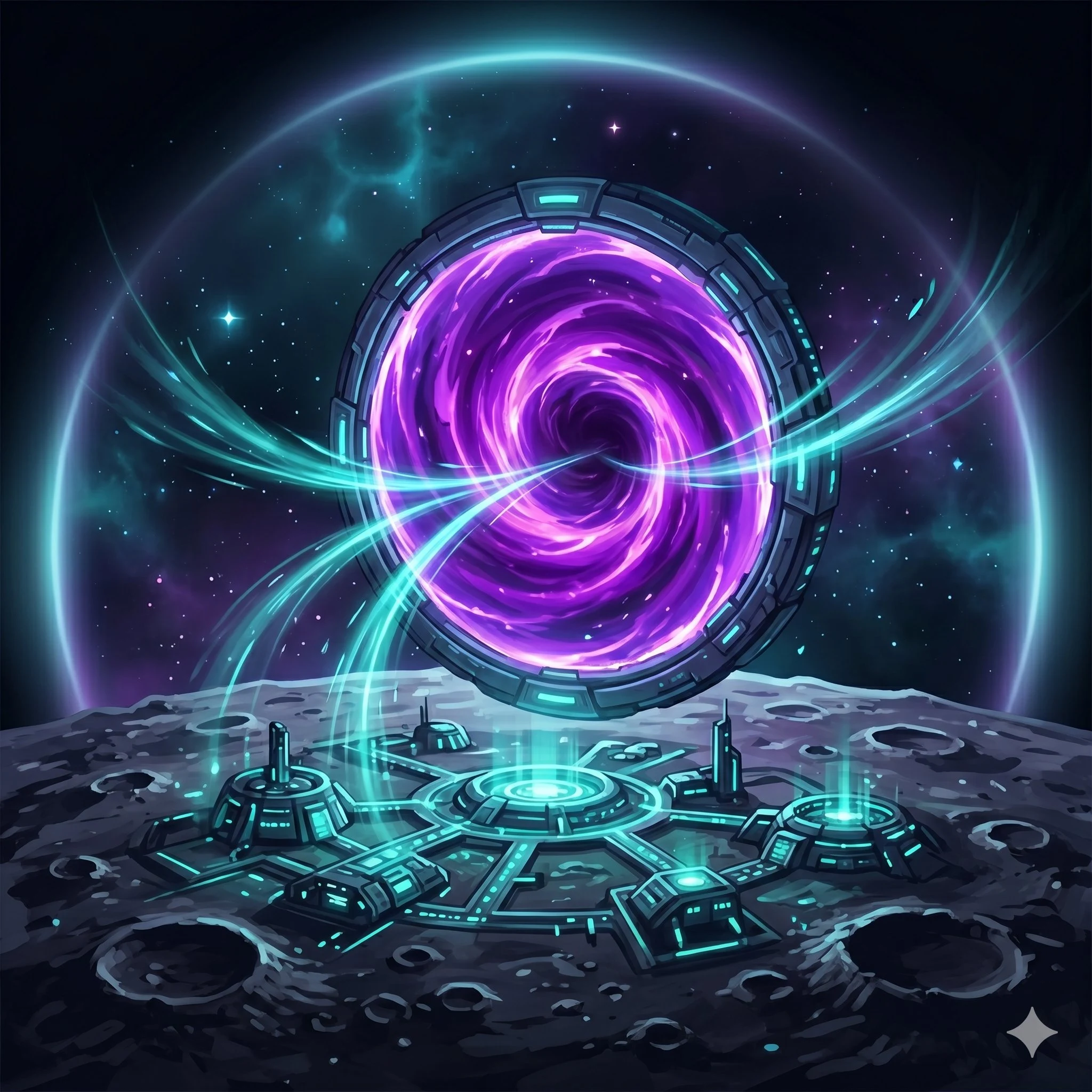 Arcane Frontier – Mondbasis mit Sprungtor-Portal für sofortige Reisen im Weltraum-Browsergame